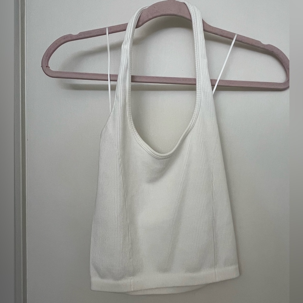 American Eagle Outfitters Cream Ribbed Halter Tank